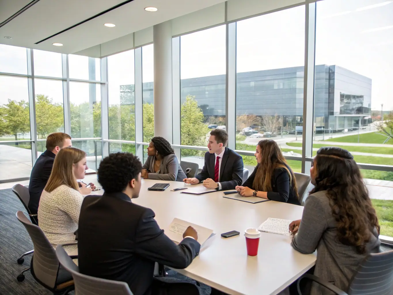 A group of executives participating in a strategic networking session at the Leadership Summit, fostering collaboration and sharing innovative business ideas.