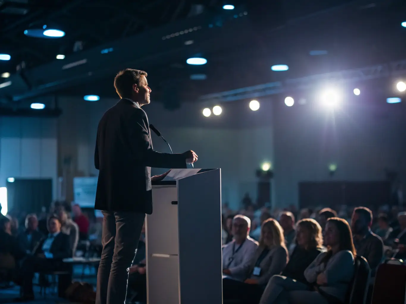A dynamic speaker delivering a keynote address at the Leadership Summit, engaging the audience with innovative business ideas and strategic insights.