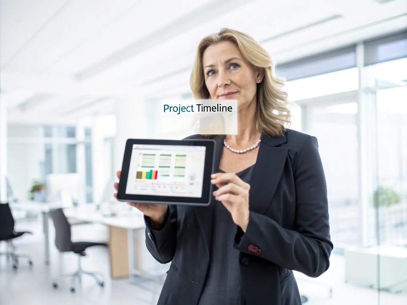 A portrait of Ms. Emily Davis, a renowned marketing strategist, in a modern office environment. She is holding a tablet and analyzing data, showcasing her analytical skills.